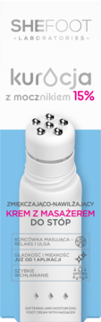 SHEFOOT krem zmiękczająco-nawilżający 15% mocznika z masażerem do stóp, biała tubka, z przodu.
