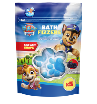 Front niebieskiego opakowania Paw Patrol Bath Fizzers, z Chasem i Skye, ukazuje 5 musujących łapek jeżynowych.