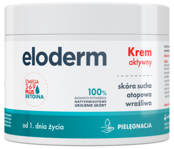 Eloderm Krem aktywny dla skóry suchej, atopowej i wrażliwej od 1. dnia życia, biały słoik z przodu.