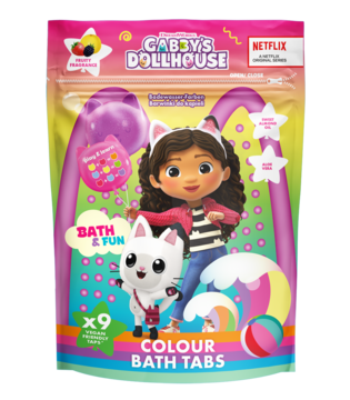 Kolorowa saszetka Gabby's Dollhouse Colour Bath Tabs, z postaciami Gabby i Pandy Paws. Widok z przodu.