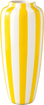Eloy wazon w biało-żółte pionowe pasy, ceramiczny, o smukłym kształcie, widok z przodu.