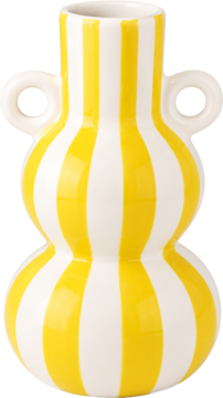 Eloy wazon ceramiczny, biało-żółte pionowe pasy, kształt klepsydry z uchwytami, widok z przodu.