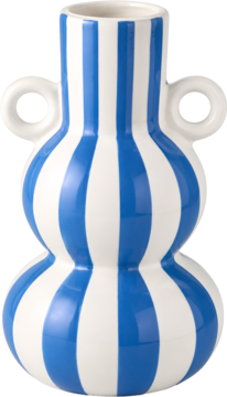 Eloy wazon w paski wzór3. Biało-niebieski, ceramiczny wazon o kształcie klepsydry z pionowymi pasami i uchwytami, widok z przodu.