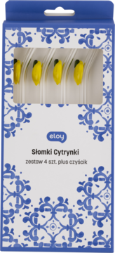 Opakowanie Eloy Słomki Cytrynki, niebiesko-białe wzory, 4 przezroczyste słomki z żółtymi cytrynkami, widok z przodu.