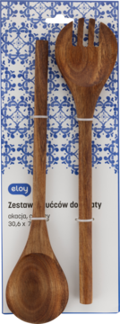 Zestaw drewnianych sztućców do sałaty Eloy, łyżka i widelec, na biało-niebieskiej karcie opakowania, widok z przodu.