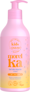 Różowy żel do mycia OnlyBio Kids Morelka z pompką, dla dzieci od 1 roku, z mleczkiem morelowym, widok z przodu.