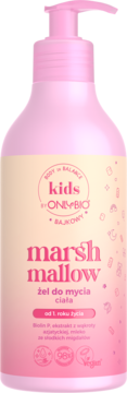 Różowy żel do mycia dla dzieci OnlyBio Kids Marshmallow z pompką, widok z przodu, na beżowej etykiecie.
