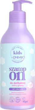 Fioletowo-niebieski szampon dla dzieci OnlyBio Szampon ON z pompką, do delikatnej skóry głowy, widok z przodu.