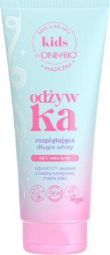 Jasnoniebieska odżywka OnlyBio Kids do rozplątywania włosów, tubka z różową zakrętką, widok z przodu.