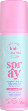 Spray ONLYBIO Kids, różowo-błękitna butelka, wygładzający i rozplątujący długie włosy, widok z przodu.
