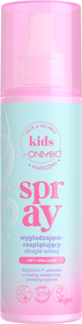 OnlyBio Kids magiczny spray wygładzający i rozplątujący. Różowo-błękitna butelka z różowym napisem, widok z przodu. Na długie włosy od 1. roku życia.