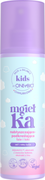 Fioletowo-niebieska mgiełka do włosów "Mgiełka Ka" Onlybio Kids, podkreślająca fale i loki, z chmurkami, widok z przodu.