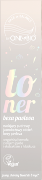Wąskie opakowanie tonera do włosów Onlybio Beza Pavlova. Na froncie nazwa produktu i tęczowy napis toner.