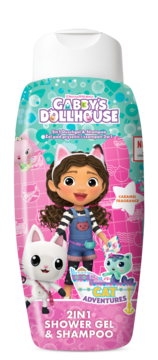 Butelka Gabby's Dollhouse 2w1 żelu pod prysznic i szamponu z karmelowym zapachem, z postaciami i białym wieczkiem, widok z przodu.