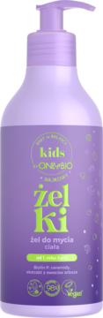 Fioletowy żel do mycia ciała OnlyBio Kids Żelki z pompką dla dzieci, zielone napisy, widok z przodu.
