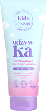 OnlyBio Kids odżywka dla dzieci od 1. roku życia do falowanych i kręconych włosów, pastelowa tubka, przód.