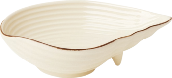 Kremowa ceramiczna miseczka do dipów, falista z ryflowanym wnętrzem i brązową krawędzią, widok z boku.