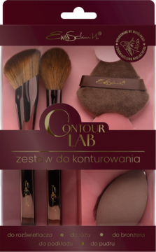 Ewa Schmitt Contour Lab zestaw do konturowania: 2 pędzle, gąbka, puszek i 2 aplikatory w różowym pudełku.