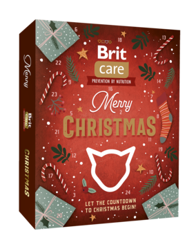 Czerwony kalendarz adwentowy Brit Care dla kotów z białą sylwetką kota, napisem Merry Christmas i ozdobami świątecznymi.