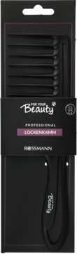 Czarny profesjonalny grzebień do loków For Your Beauty Rossmann w blistrze, widok przodu z widocznymi zębami i rączką.