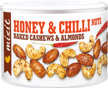 Biała puszka Mixit Honey & Chilli Nuts, pieczone orzechy nerkowca i migdały z miodem i chili, widok z przodu.