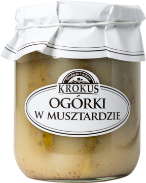 Słoik Krokus Ogórki w Musztardzie, z przodu, białe wieczko, widoczne ogórki w gęstym sosie.