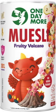 Muesli ONE DAY MORE Fruity Volcano w białej puszce z wesołym smokiem i wulkanem owoców, widok z przodu.