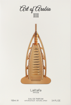 Lattafa Pride Art of Arabia III woda perfumowana, złota butelka w architektonicznym kształcie, na beżowym tle.