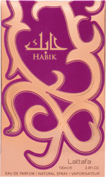 Lattafa Habik woda perfumowana, eleganckie opakowanie w złoto-fuksjowe wzory, widok z przodu.