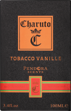 Prostokątne, czarno-pomarańczowe opakowanie perfum Charuto Tobacco Vanille Pendora Scents 100ml, widok z przodu.