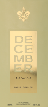 Złoto-beżowe opakowanie perfum DECEMBER VANILLA PARIS CORNER z ozdobną lilią, widok z przodu.