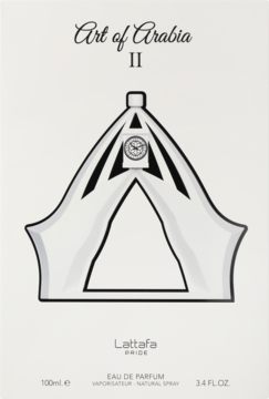 Lattafa Pride Art of Arabia II Eau de Parfum 100ml, białe opakowanie z czarną grafiką namiotu, widok z przodu.