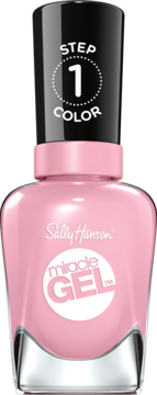 Różowy lakier do paznokci Sally Hansen Miracle Gel w butelce, czarna zakrętka, napis 'STEP 1 COLOR'.