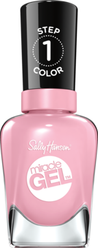 Różowy lakier do paznokci Sally Hansen Miracle Gel w butelce, czarna zakrętka, napis 'STEP 1 COLOR'.