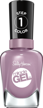 Liliowy lakier Sally Hansen Miracle Gel 270 Street Fair, butelka, z napisem STEP 1 COLOR, widok z przodu.