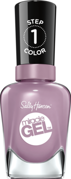 Liliowy lakier Sally Hansen Miracle Gel 270 Street Fair, butelka, z napisem STEP 1 COLOR, widok z przodu.