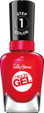 Czerwony lakier do paznokci Sally Hansen Miracle Gel 470 Red Eye, z czarną nakrętką "STEP 1 COLOR".