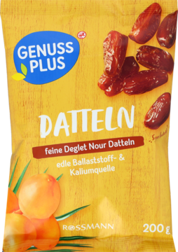 Żółta torebka Genuss PLUS Datteln 200g, daktyle Deglet Nour, źródło błonnika i potasu, widok z przodu.