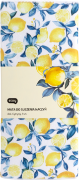 Mata do suszenia naczyń Eloy z nadrukiem żółtych cytryn i niebieskich liści, widok z przodu opakowania.