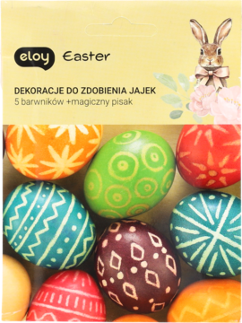 Eloy Easter zestaw do zdobienia jajek, 5 barwników i pisak. Na pierwszym planie kolorowe jajka z misternymi wzorami.
