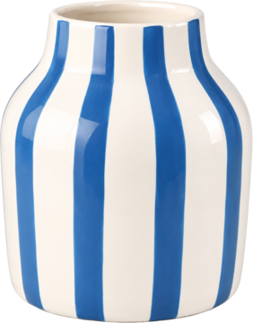 Wazon Eloy beczułka ceramiczny, biały z szerokimi niebieskimi pasami, kształt baryłki, widok z przodu.