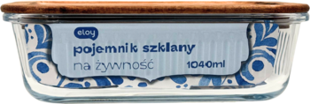Prostokątny szklany pojemnik na żywność 1040ml z drewnianą pokrywką i niebieskim wzorem, widok z przodu.