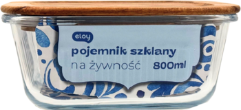 Szklany pojemnik na żywność 800ml z borokrzemowego szkła, z akacjową pokrywką, widok z przodu.