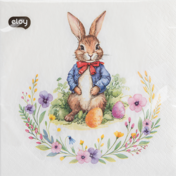 Dekoracyjna serwetka Eloy. Centralnie królik w niebieskiej marynarce, wokół niego wianek z kwiatów i pisanek.