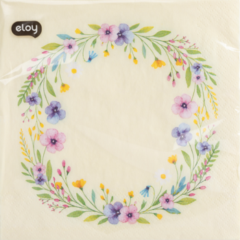 Serwetka papierowa dekoracyjna Eloy, kremowa z okrągłym, kolorowym wiankiem z wiosennych kwiatów.
