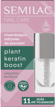 Semilac Plant Keratin Boost 11ml, wegańska odżywka utwardzająca, butelka obok różowo-zielonego pudełka.