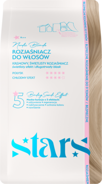 Białe opakowanie Nordic Blonde Rozjaśniacz do włosów Stars, do 9 tonów, kremowy, z chłodnym efektem i blaskiem.
