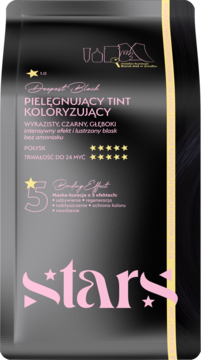 Czarne opakowanie tintu koloryzującego Stars Deepest Black z różowym logo i złotymi detalami, widok z przodu.