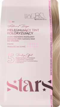 Opakowanie Pielęgnującego Tintu Koloryzującego Stars Almond Beige. Biało-różowe z logo, widok z przodu, lekko pod kątem.