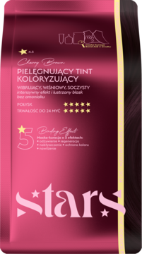 Różowa saszetka tintu do włosów Stars Cherry Brown, widok z przodu, z opisem Pielęgnujący Tint Koloryzujący.